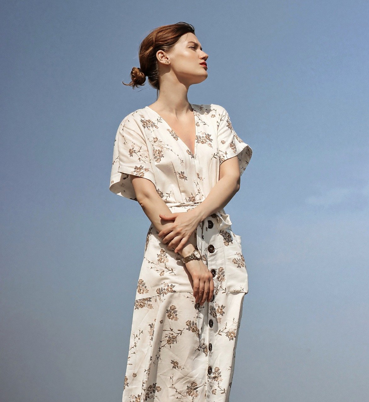 woman, portrait, model, dress, fashion, style, stylish, outfit, stylish woman, nature, female model, fashion model, young, floral dress, female portait, sky, look away